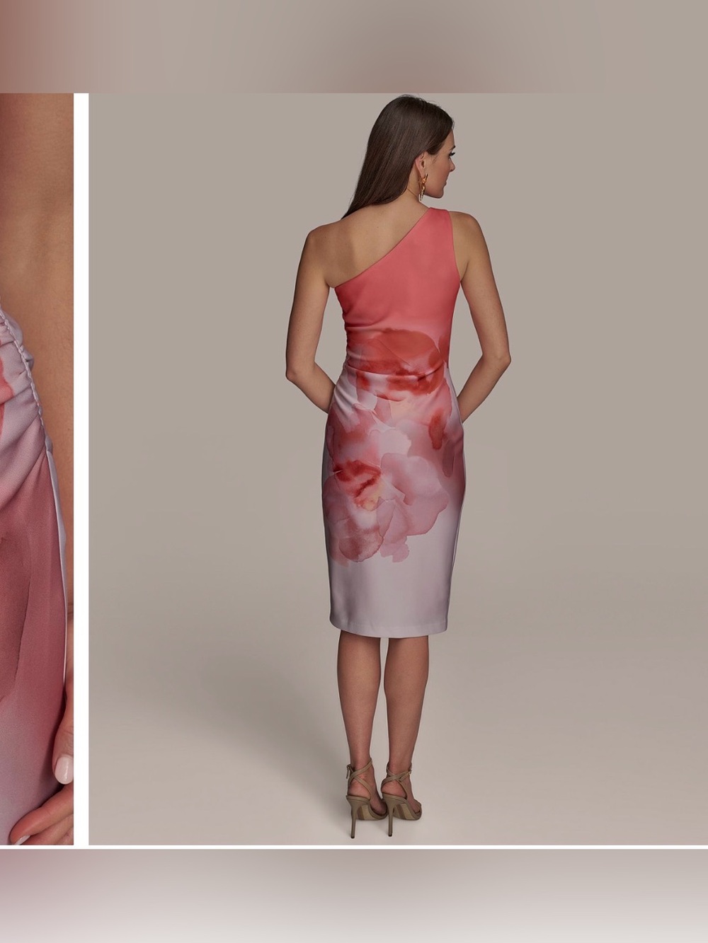 Donna Karan Floral One shoulder Midi Dress Cream and Coral Peach — NWT! Size 10 - Picture 5 of 6